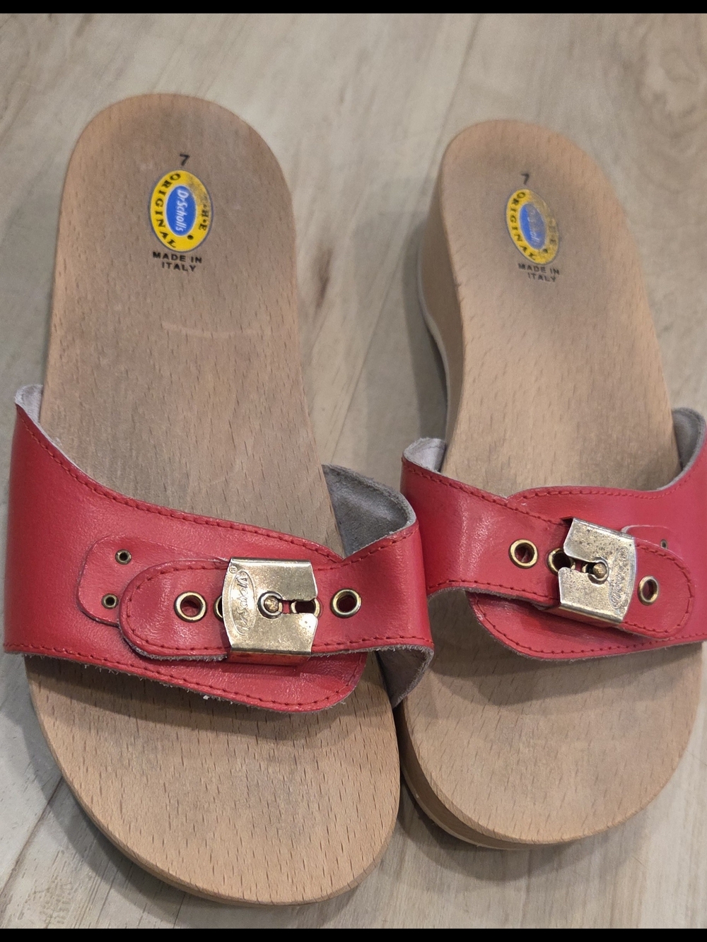 Dr. Scholl's Red Leather Slides with Gold Buckles
